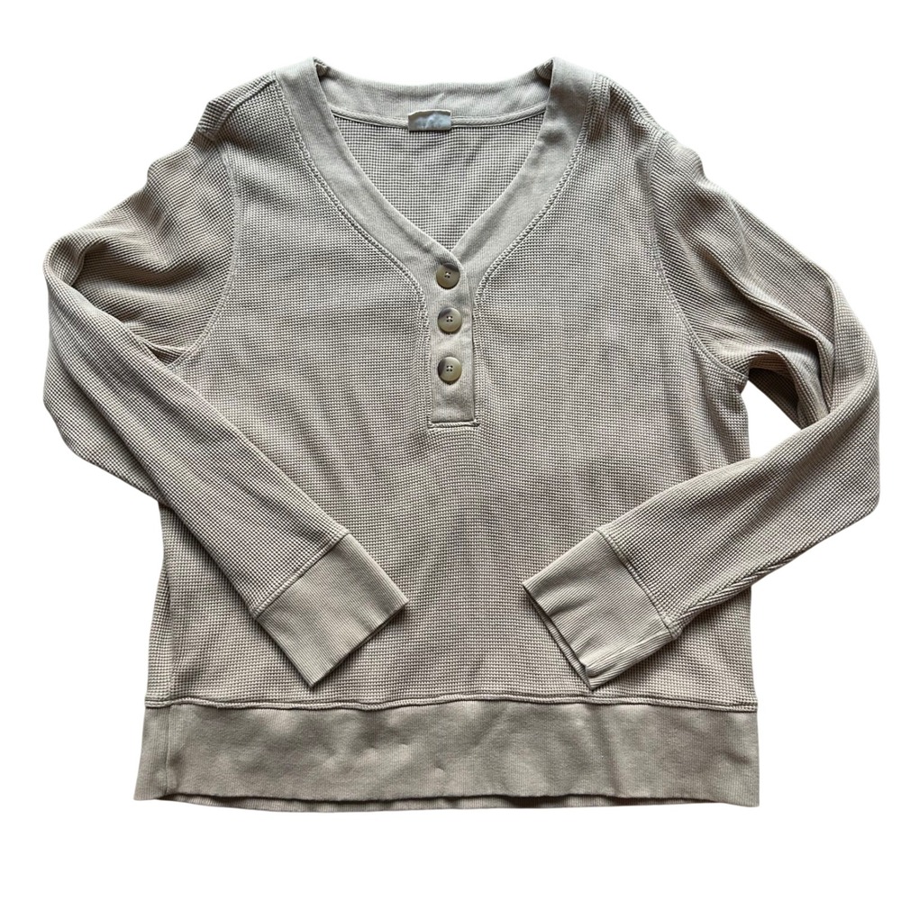 Pact Henley V Neck Top Waffle Knit XL Tan Organic Cotton Long Sleeve Loungewear